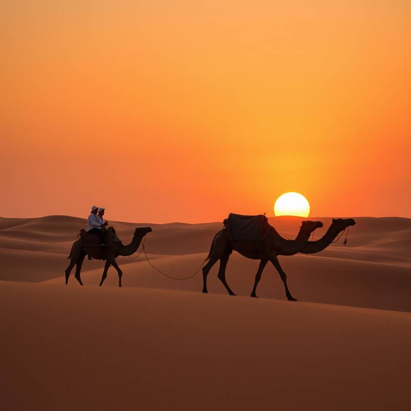 A caravan of camels traversing the sand dunes of the Moroccan desert at sunset.