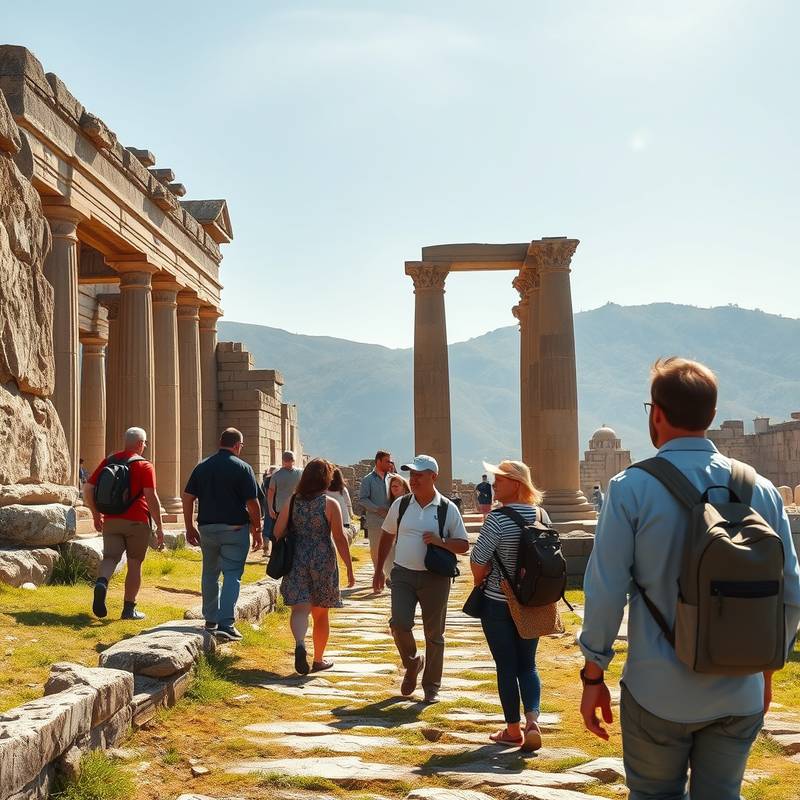 A group of tourists being guided through ancient ruins by a local guide, representing guided tours and excursion services.