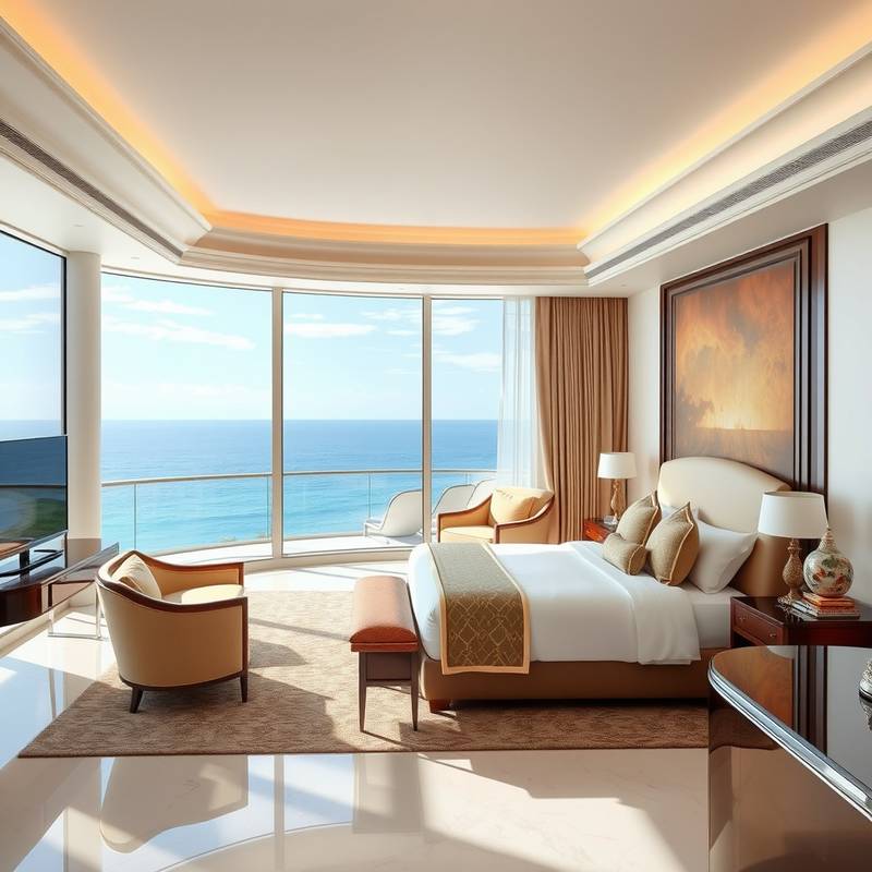 A luxurious hotel room with a stunning ocean view, showcasing high-end accommodation booking services.