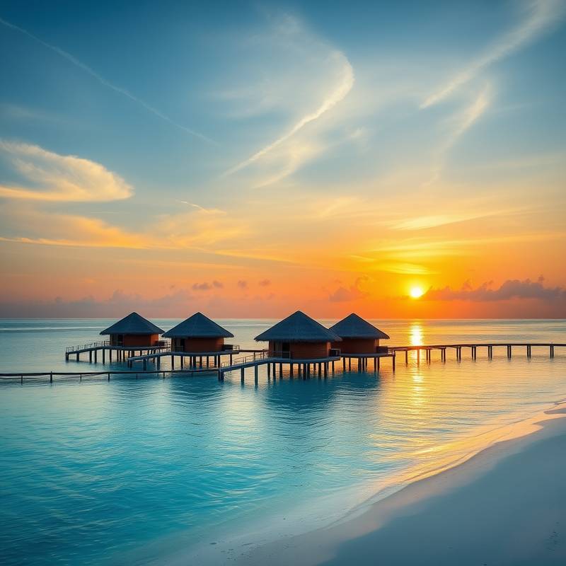 Overwater bungalows at sunset in the Maldives, clear turquoise water and white sand.