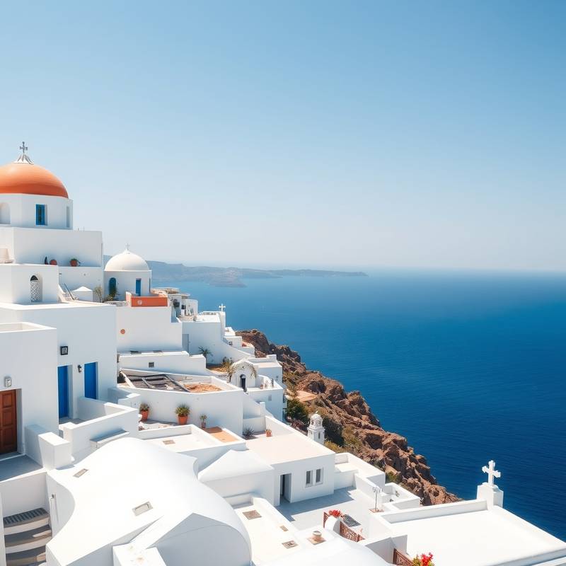 Picturesque view of Santorini, Greece with white buildings and a blue sea.