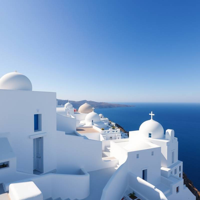 Picturesque view of Santorini, Greece with white buildings and a blue sea.
