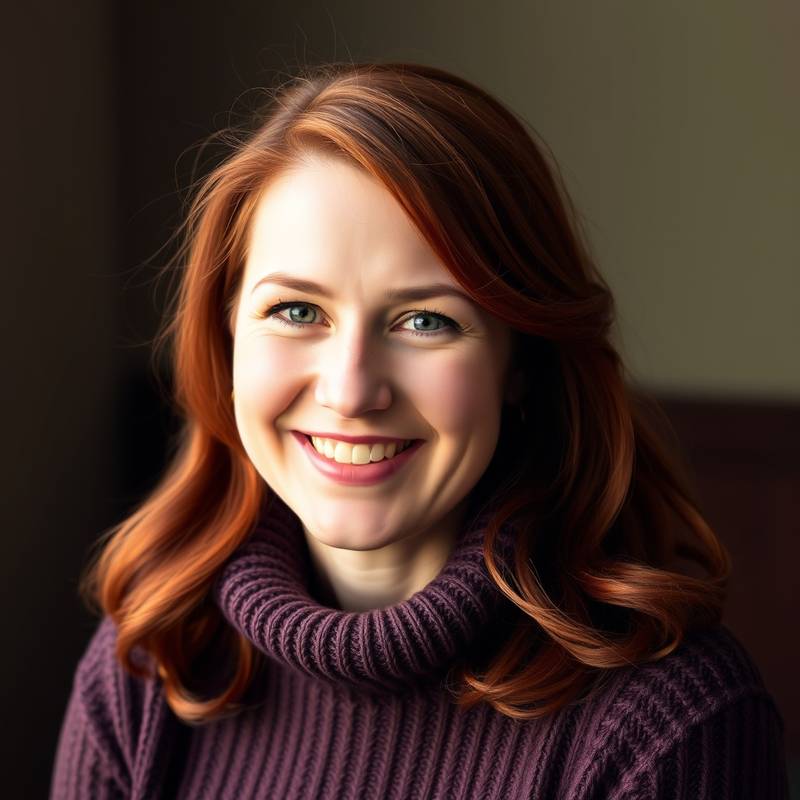 Portrait of Claire Fraser, Head of Customer Relations at Serene Escapes, a smiling woman with red hair in a sweater.