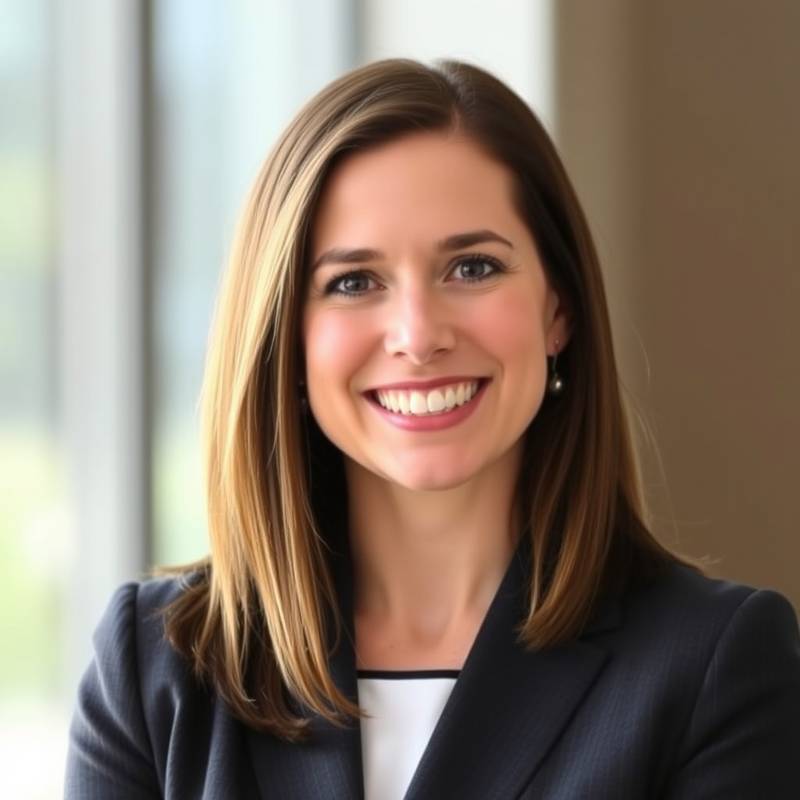Portrait of Eleanor Ainsworth, Founder and CEO of Serene Escapes, a smiling woman with brown hair in a business suit.