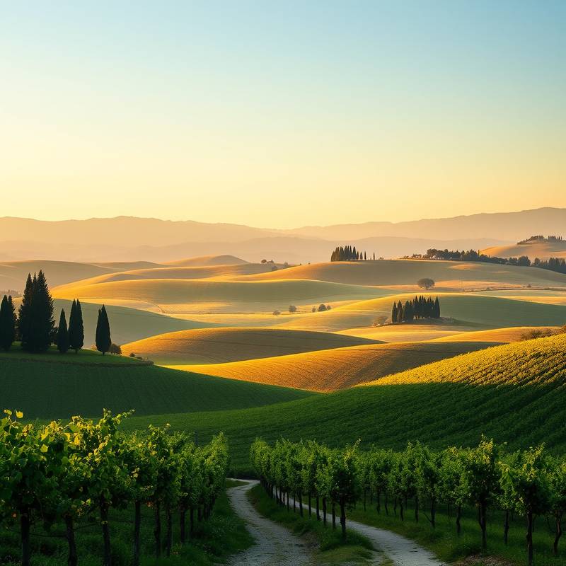 Rolling hills and vineyards in the Tuscany region of Italy.