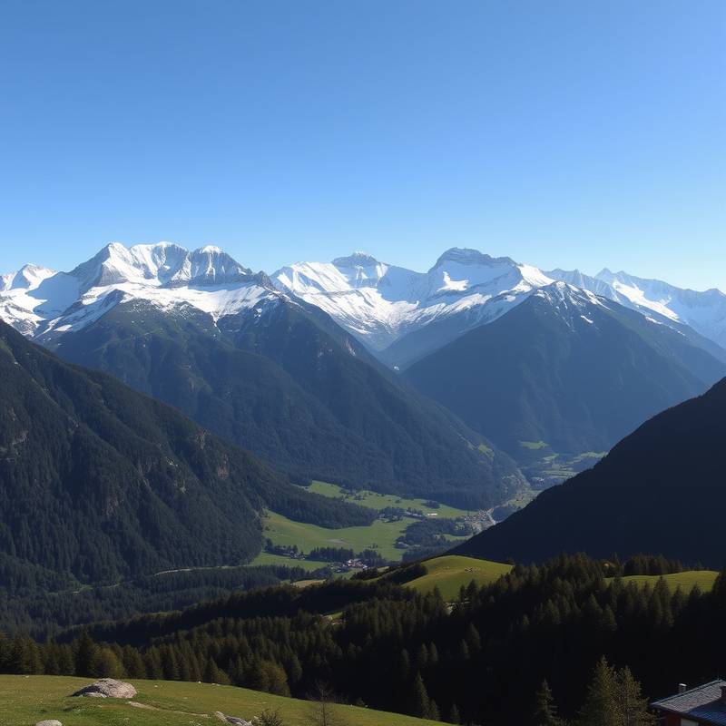 Snow-capped mountains and lush green valleys in the Swiss Alps.