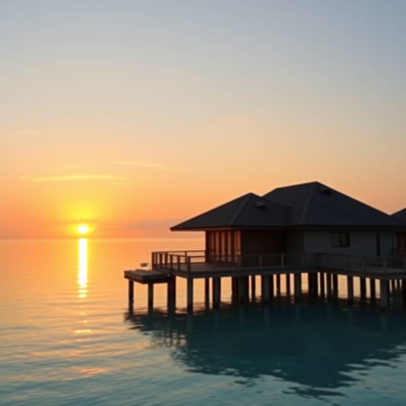 Sunset view of overwater bungalow, Maldives
