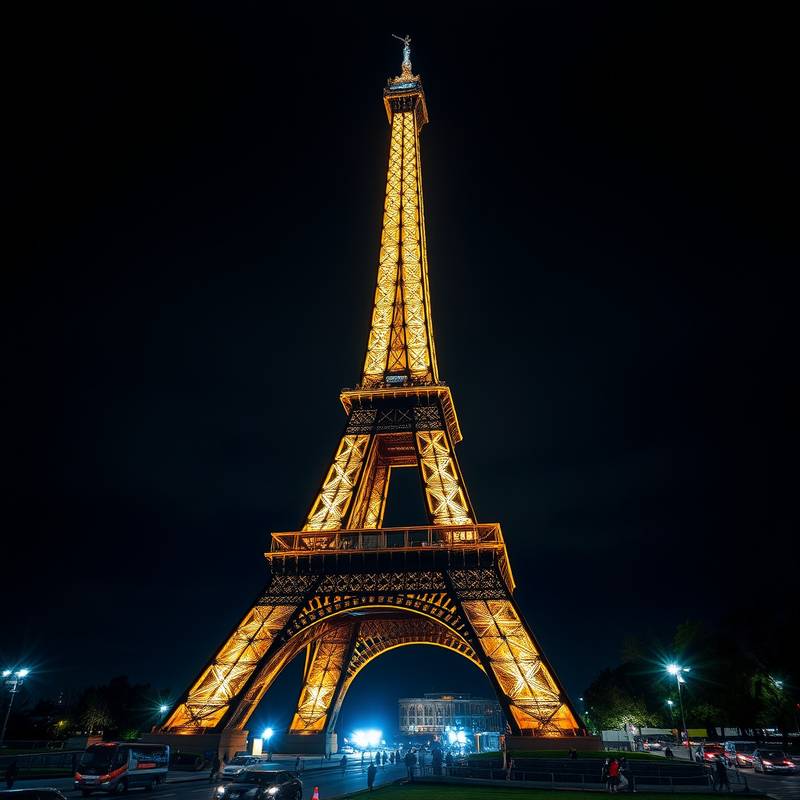 The Eiffel Tower in Paris, France, illuminated at night.